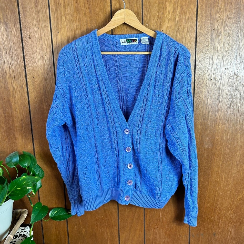Vintage Le Moda Sport Blue Ramie Cotton Blend Knit Cardigan Cottagecore Chunky